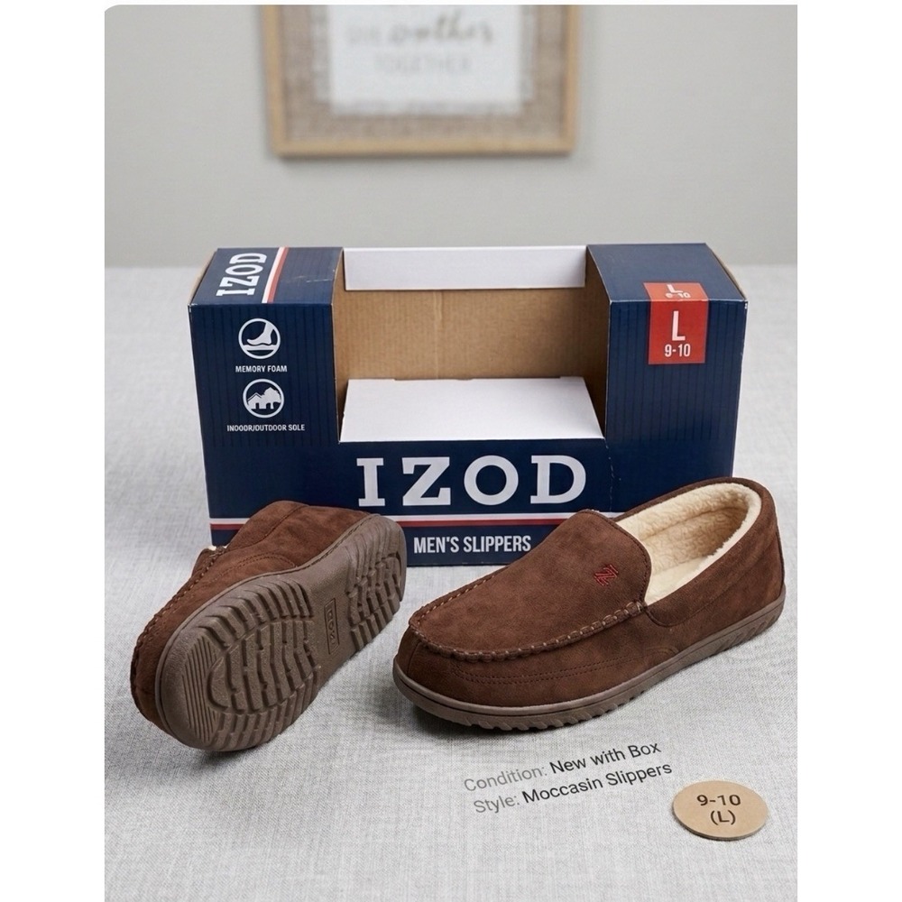 IZOD Men Brown Suede Faux Fur Lined Memory Foam Moccasin Slippers Size L 9-10